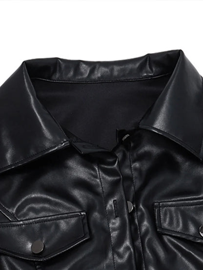 Women's Black Casual Crop Faux Leather Jacket with Long Sleeves and Button Closure