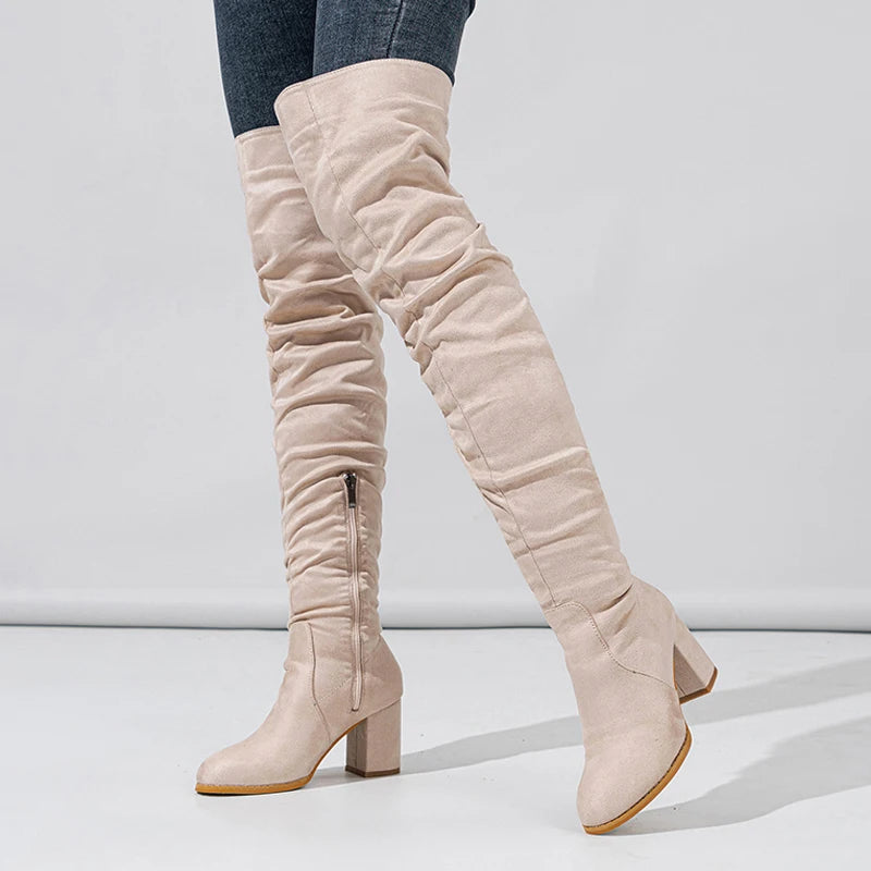 Women's Over-the-Knee Boots - Toe Zip, Thigh-High Shoes with Square Heels