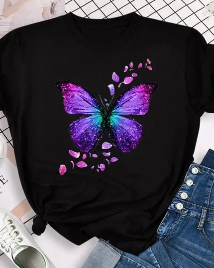 Women's Short Sleeve Round Neck T-Shirt with Colorful Butterfly Petal Print