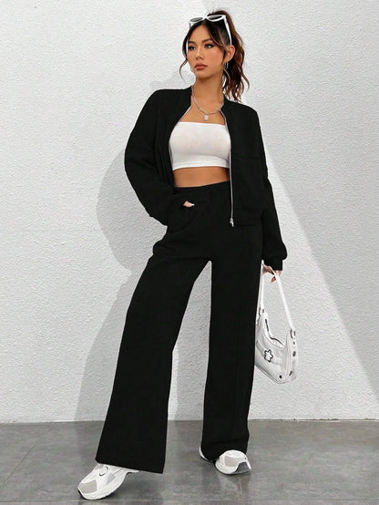 Women's Two-Piece Zipper Jacket and High-Waist Lace-Up Elastic Trousers Set