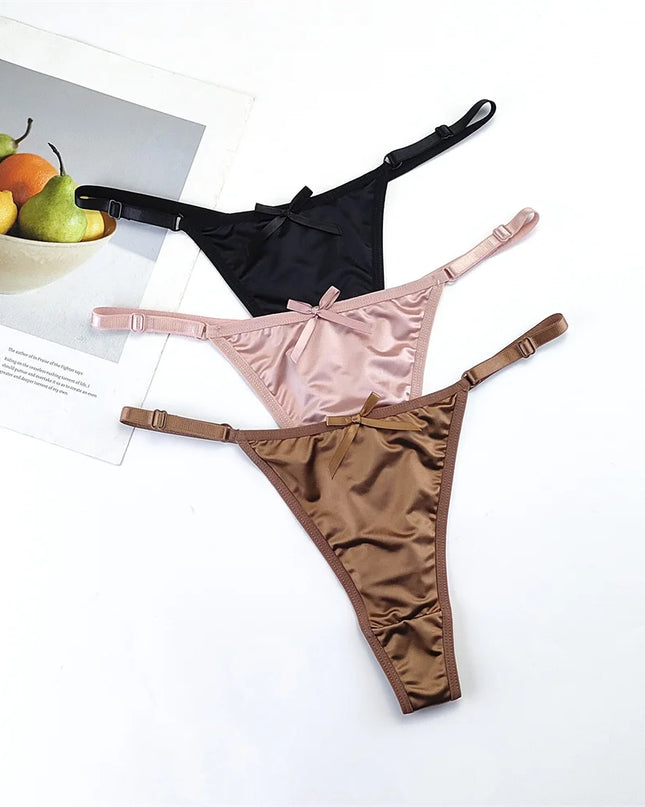 3-Piece Pink Satin Thong Set for Women - Adjustable Low Waist, Comfortable Silk Lace Underwear