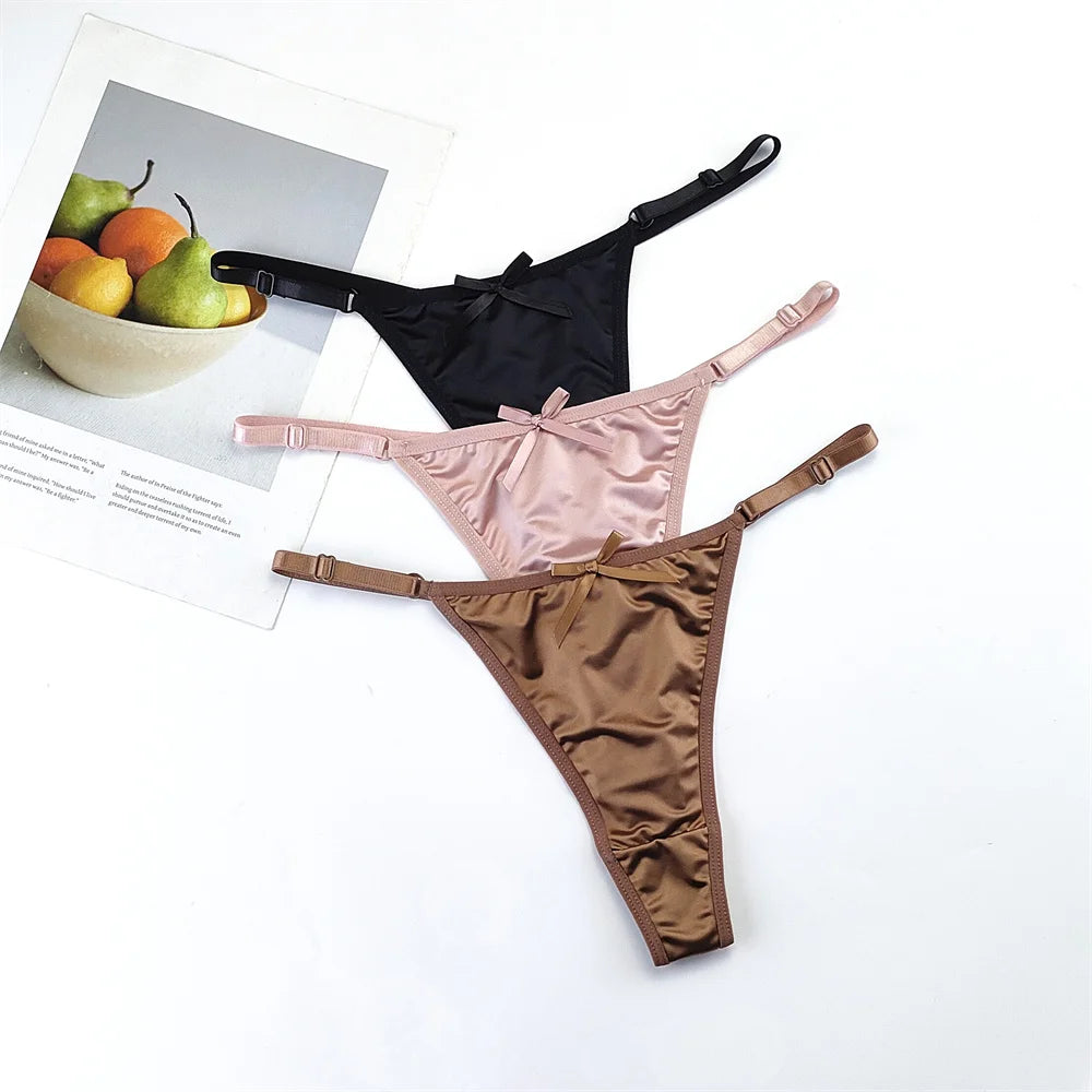 3-Piece Pink Satin Thong Set for Women - Adjustable Low Waist, Comfortable Silk Lace Underwear