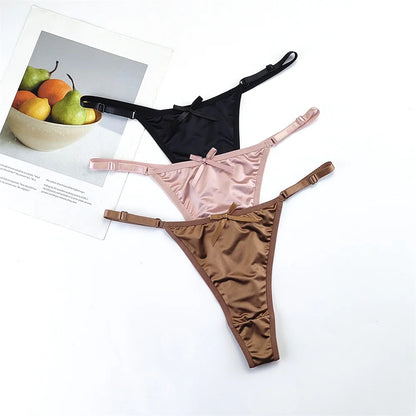 3-Piece Pink Satin Thong Set for Women - Adjustable Low Waist, Comfortable Silk Lace Underwear
