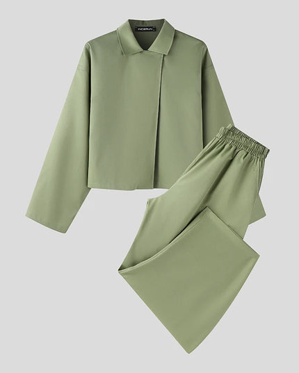 INCERUN Men’s Two-Piece Set: Lapel Long Sleeve Flared Shirt & Flared Pants