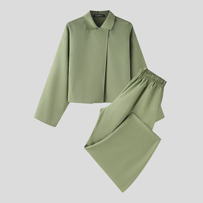 INCERUN Men’s Two-Piece Set: Lapel Long Sleeve Flared Shirt & Flared Pants