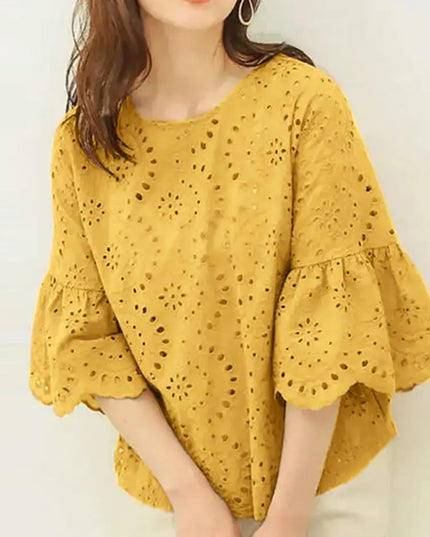 ZANZEA Women's Casual Loose Blouse with Hollow Out Lace Crochet Embroidery