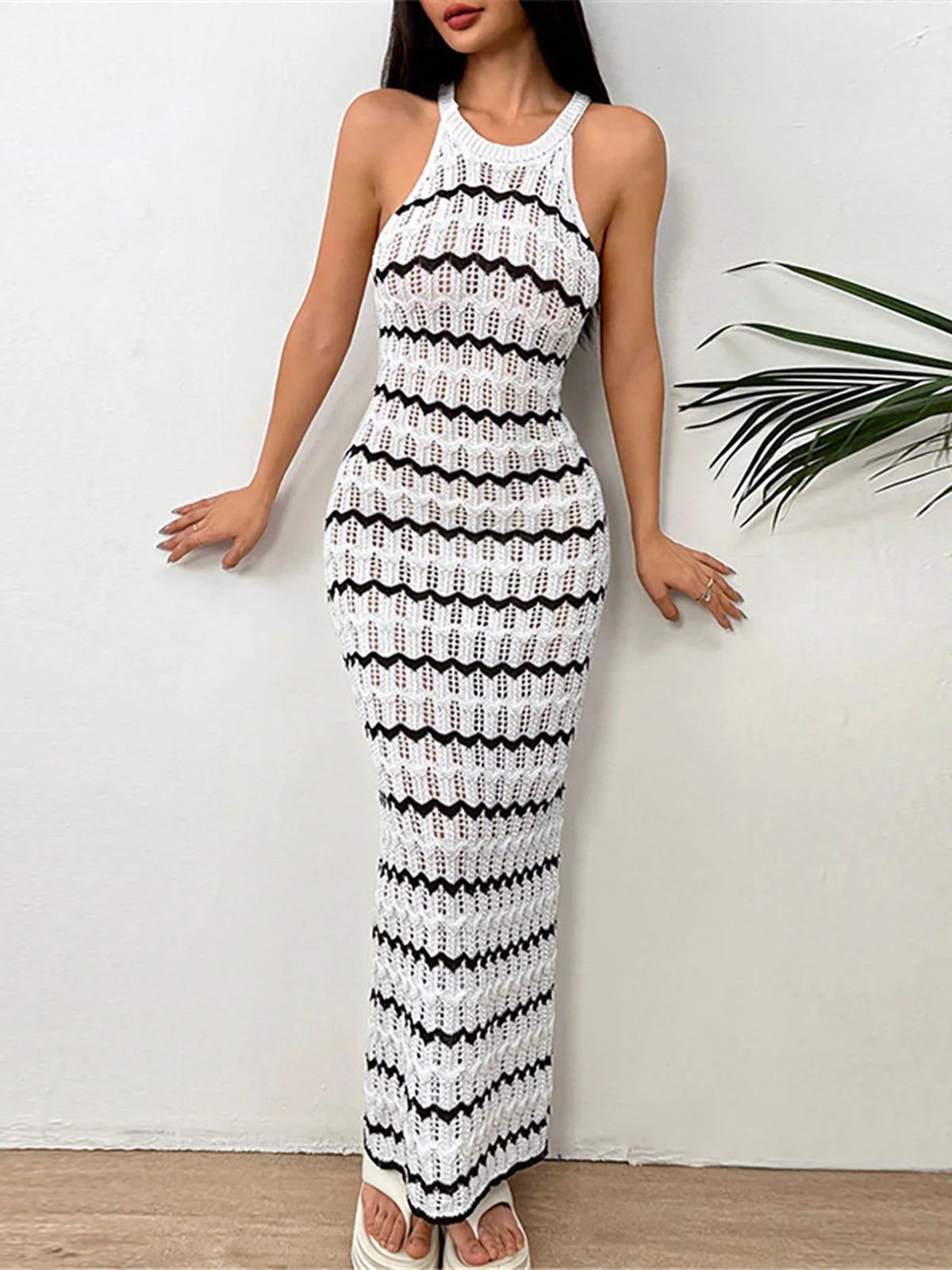 Women's Sleeveless Striped Hollow-Out Crochet Knit Dress