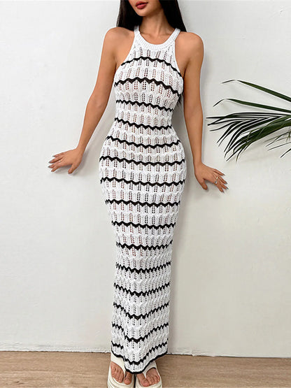 Women's Sleeveless Striped Hollow-Out Crochet Knit Dress