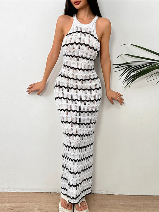 Women's Sleeveless Striped Hollow-Out Crochet Knit Dress