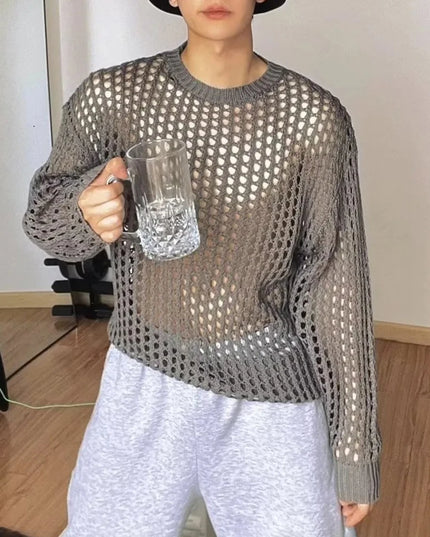 Men’s Loose-Fit Hollow-Knit Sweater with Round Neck