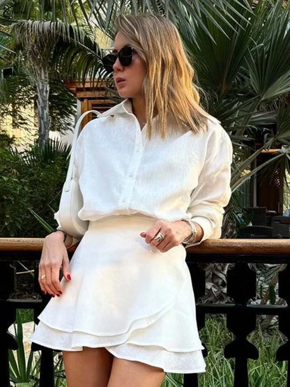 Elegant Women's Two-Piece Set – Long Sleeve Button Shirt & High-Waisted Lace-Up Mini Skirt
