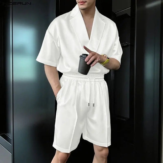 Incerun Men's Two-Piece Short Sleeve Shirt and Shorts Set