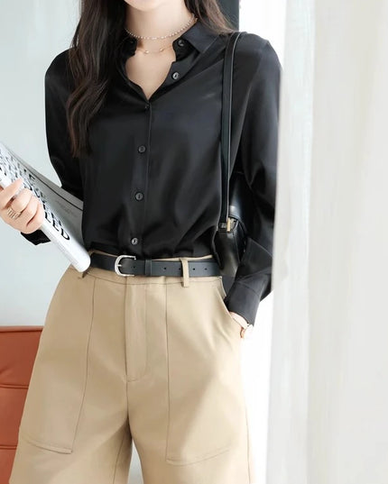 Elegant Satin Women's Blouse with Long Sleeves and Turn-down Collar