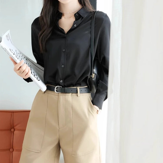 Elegant Satin Women's Blouse with Long Sleeves and Turn-down Collar