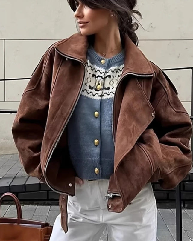 Women's Retro Faux Lapel Suede Jacket - Loose Fit