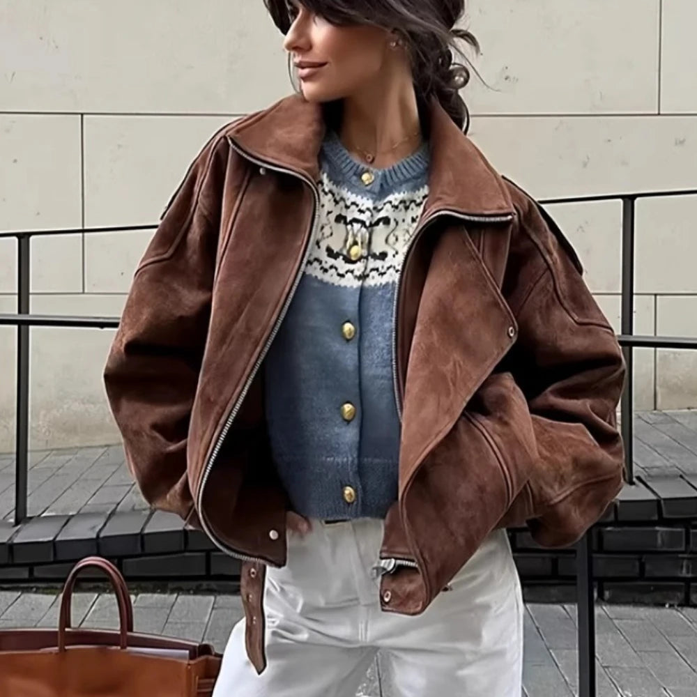 Women's Retro Faux Lapel Suede Jacket - Loose Fit