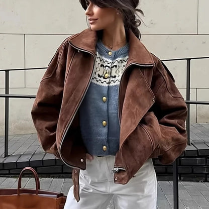 Women's Retro Faux Lapel Suede Jacket - Loose Fit