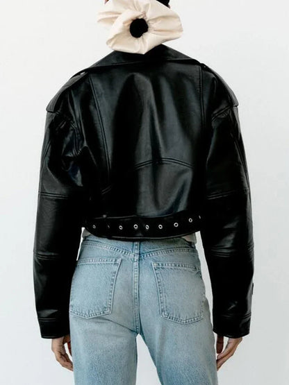Women's Faux Leather Jacket - Long Sleeve Zip-Up Coat