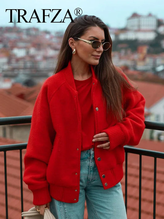 Trafza Women's Button-Down Pocket Bomber Jacket – Stylish Casual Outerwear