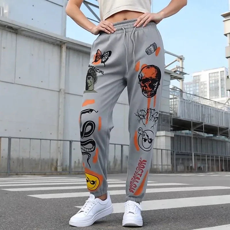 Women's High-Waist Sweatpants with Harajuku Cartoon Design