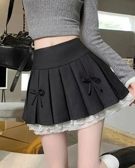 High Waist Pleated Mini Skirt for Women - Lace Preppy Bow Skirt