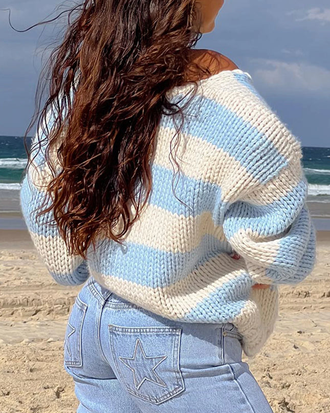 Oversized Women's Striped Chunky Knit Sweater with Drop Shoulders