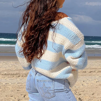 Oversized Women's Striped Chunky Knit Sweater with Drop Shoulders