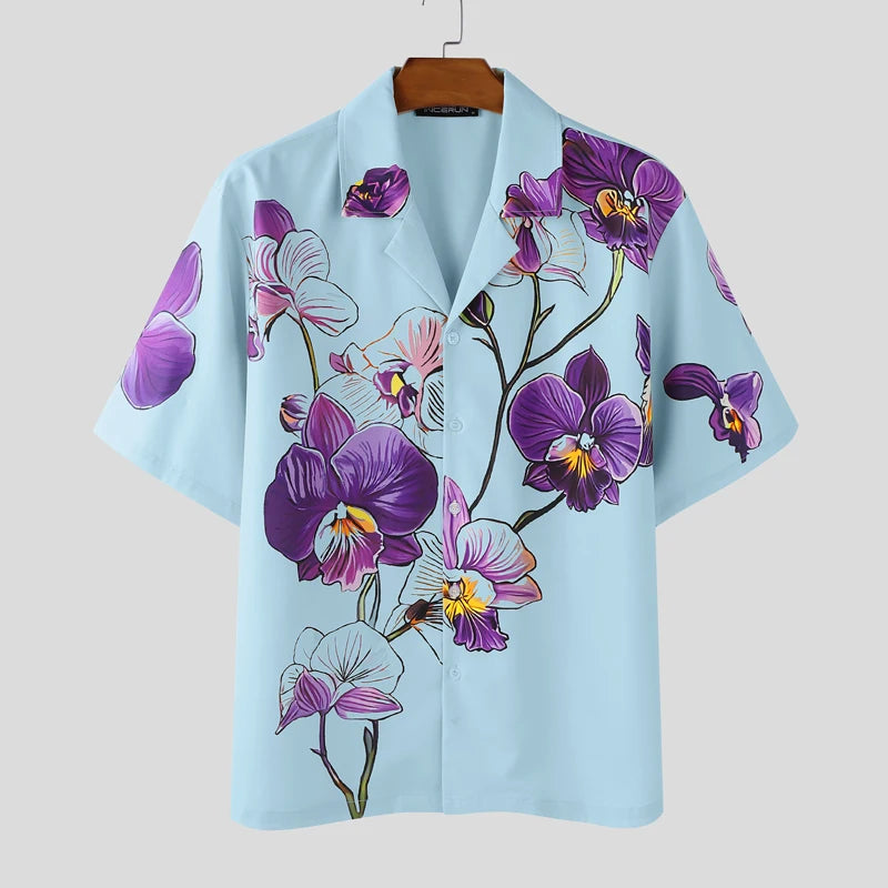 Incerun Men's Floral Print Short Sleeve Shirt with Lapel, Button-Down, Loose Fit