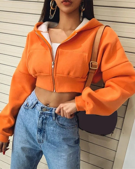 Women's Cropped Zip-Up Hoodie Jacket - Vintage Style with Pockets