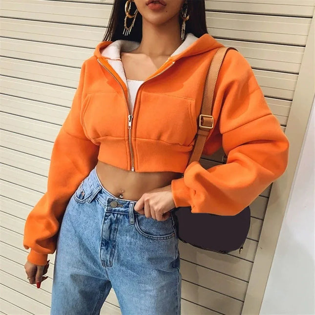 Women's Cropped Zip-Up Hoodie Jacket - Vintage Style with Pockets