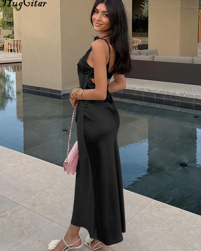 Women's Backless Lace-Up Spaghetti Strap Midi Dress