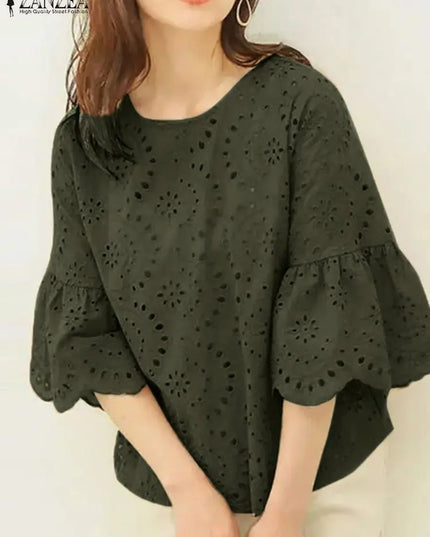 ZANZEA Women's Casual Loose Blouse with Hollow Out Lace Crochet Embroidery