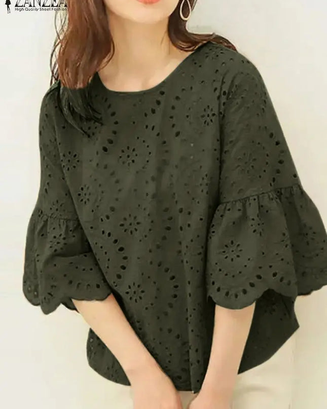 ZANZEA Women's Casual Loose Blouse with Hollow Out Lace Crochet Embroidery