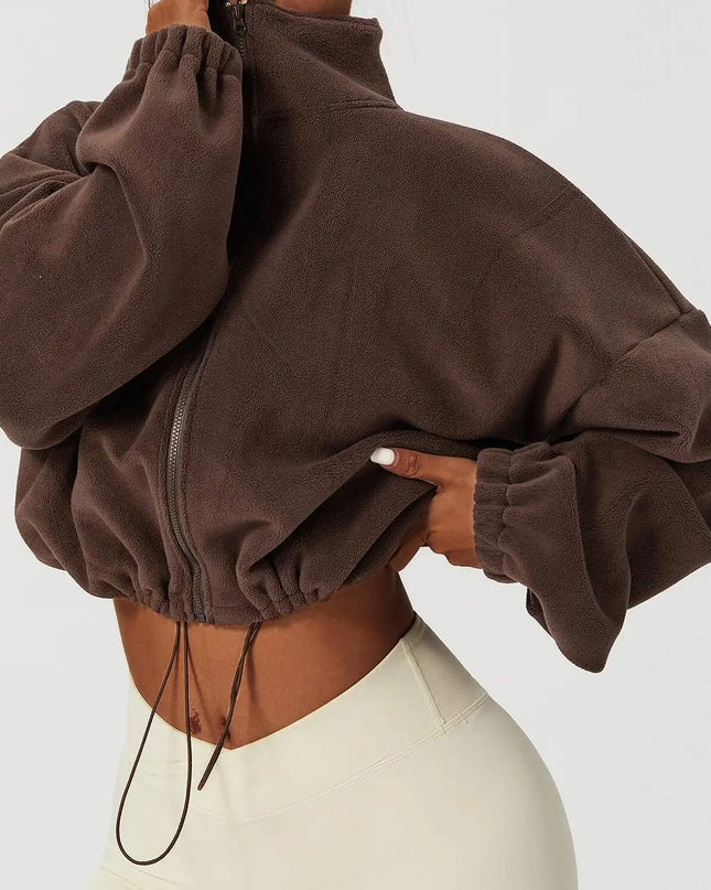 Women Crop Coat   Casual Fleece Jacket   With Stand Collar Loose Lined Outerwear