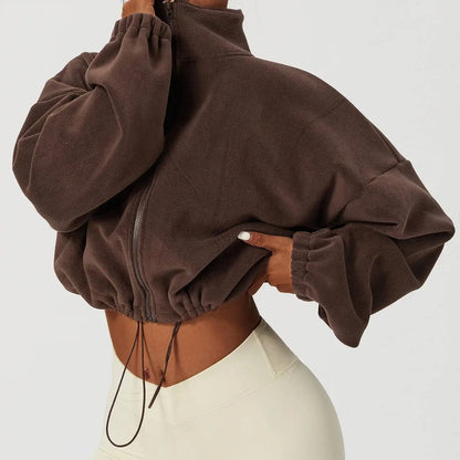 Women Crop Coat   Casual Fleece Jacket   With Stand Collar Loose Lined Outerwear