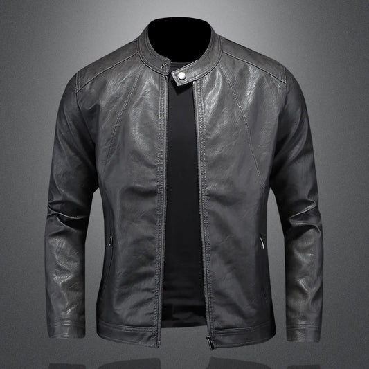 Men's Slim Fit Faux Leather Jacket with Standing Collar