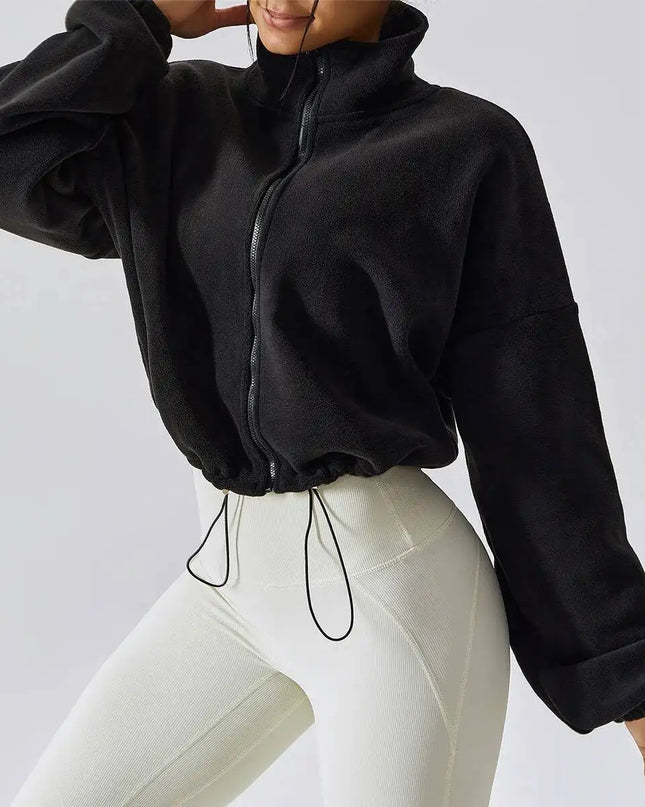 Women Crop Coat   Casual Fleece Jacket   With Stand Collar Loose Lined Outerwear