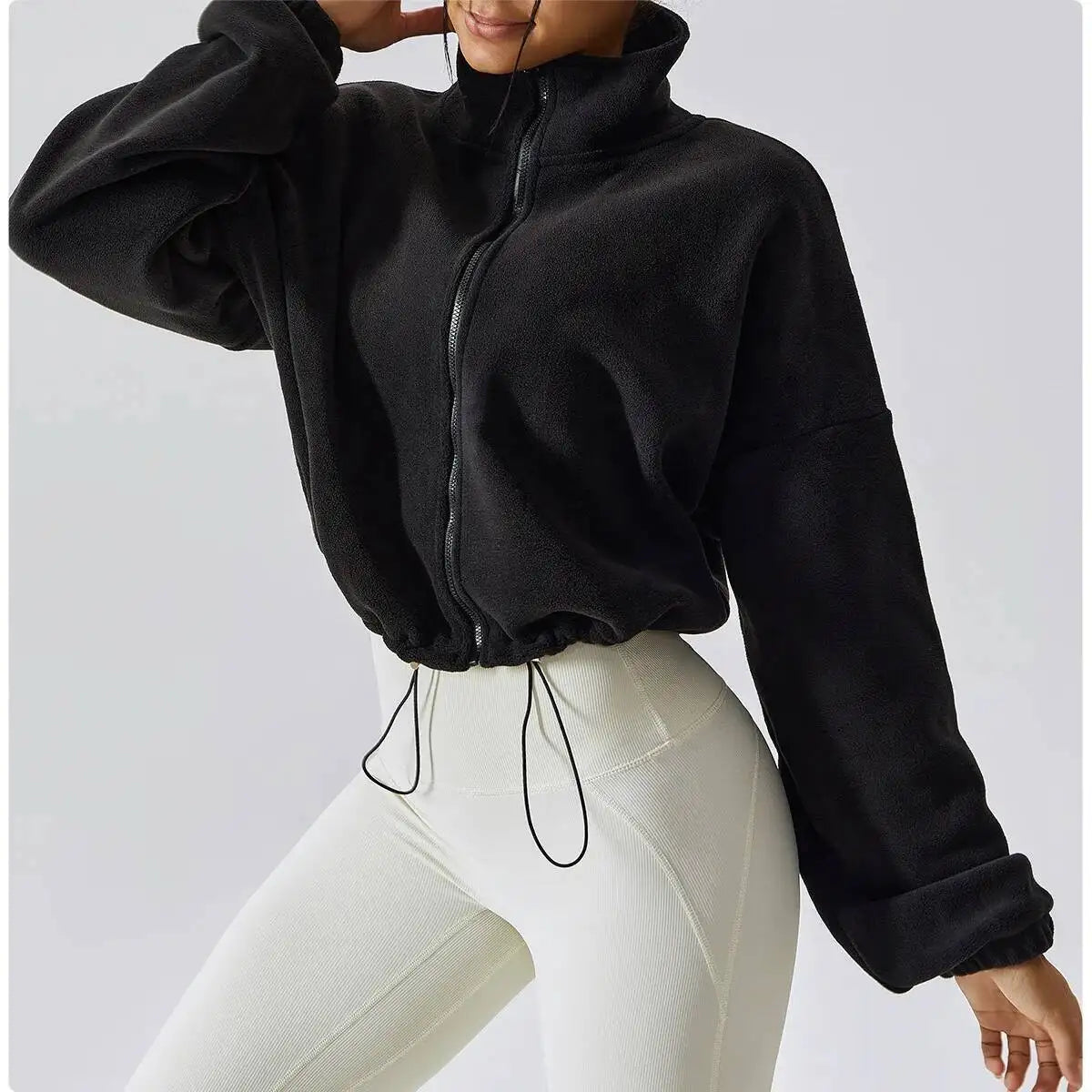 Women Crop Coat   Casual Fleece Jacket   With Stand Collar Loose Lined Outerwear