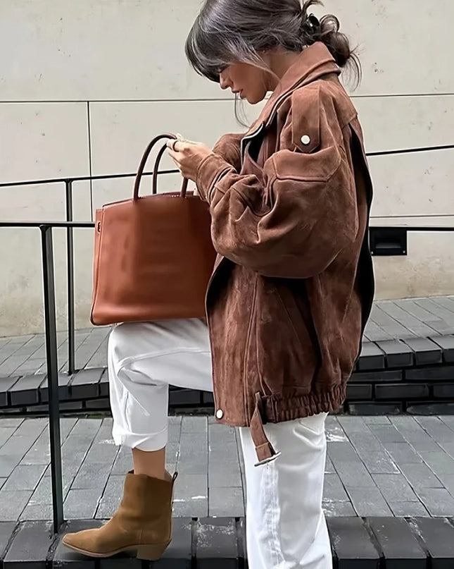 Women's Retro Faux Lapel Suede Jacket - Loose Fit