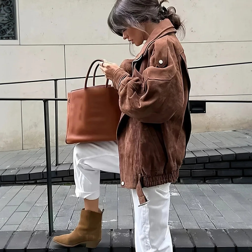 Women's Retro Faux Lapel Suede Jacket - Loose Fit