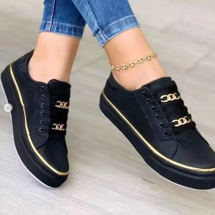 Women's Platform Low-Top Faux Leather Sneakers - Lace-Up, Non-Slip Sole