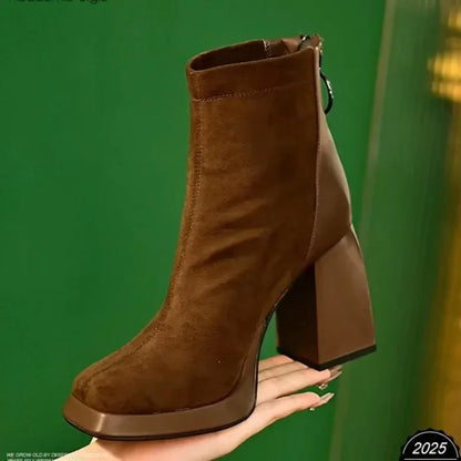 Women's Platform Short Boots – Casual Square Toe Chunky Heel