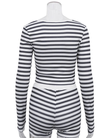 Women's Two-Piece Set: Long Sleeve Cropped Sweater and High-Waist Button-Front Slim Mini Shorts
