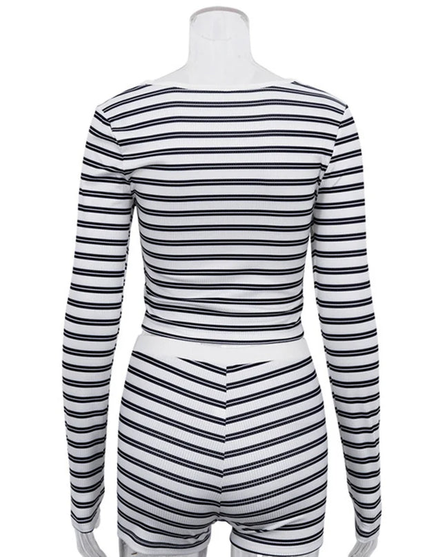 Women's Two-Piece Set: Long Sleeve Cropped Sweater and High-Waist Button-Front Slim Mini Shorts