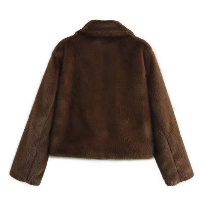 Women's Loose Fit Brown Lapel Button-Front Embellished Jacket