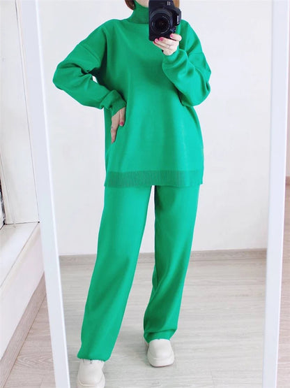 Women's Knitted Turtleneck Sweater and Straight Pants Set