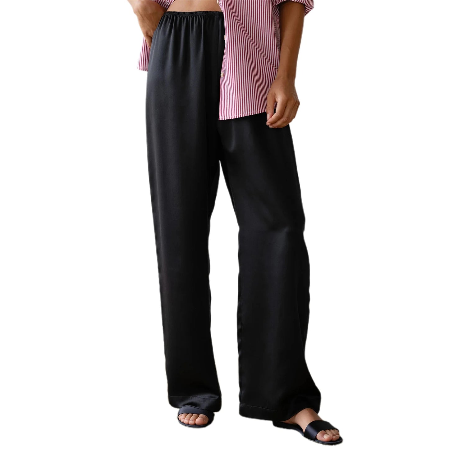 Women's Satin Wide Leg Pants - Casual High Waist Elastic Waistline