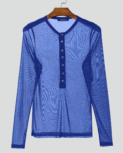 Men's Slim Fit Transparent Mesh Long Sleeve Henley Sweater