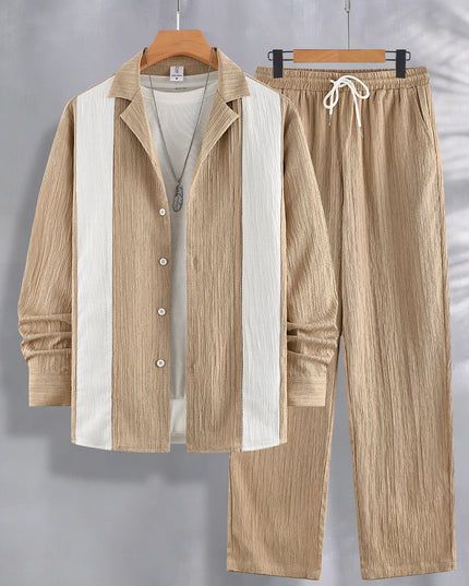 Men’s Two-Piece Set with Pleated Vertical-Stripe Lapel Shirt and Elastic-Waist Straight-Leg Pants