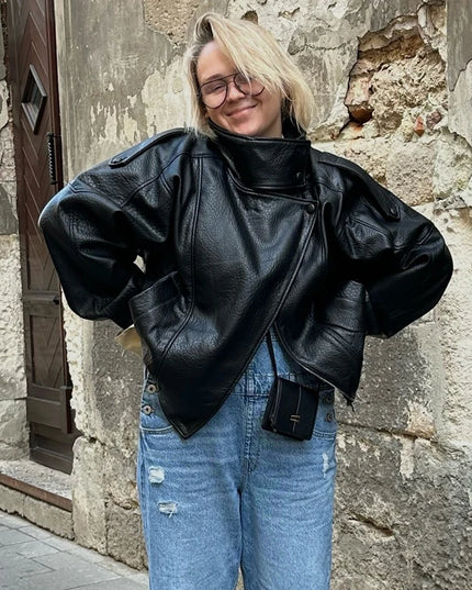 Women's Faux Leather Loose Jacket with Stand Collar and Zipper